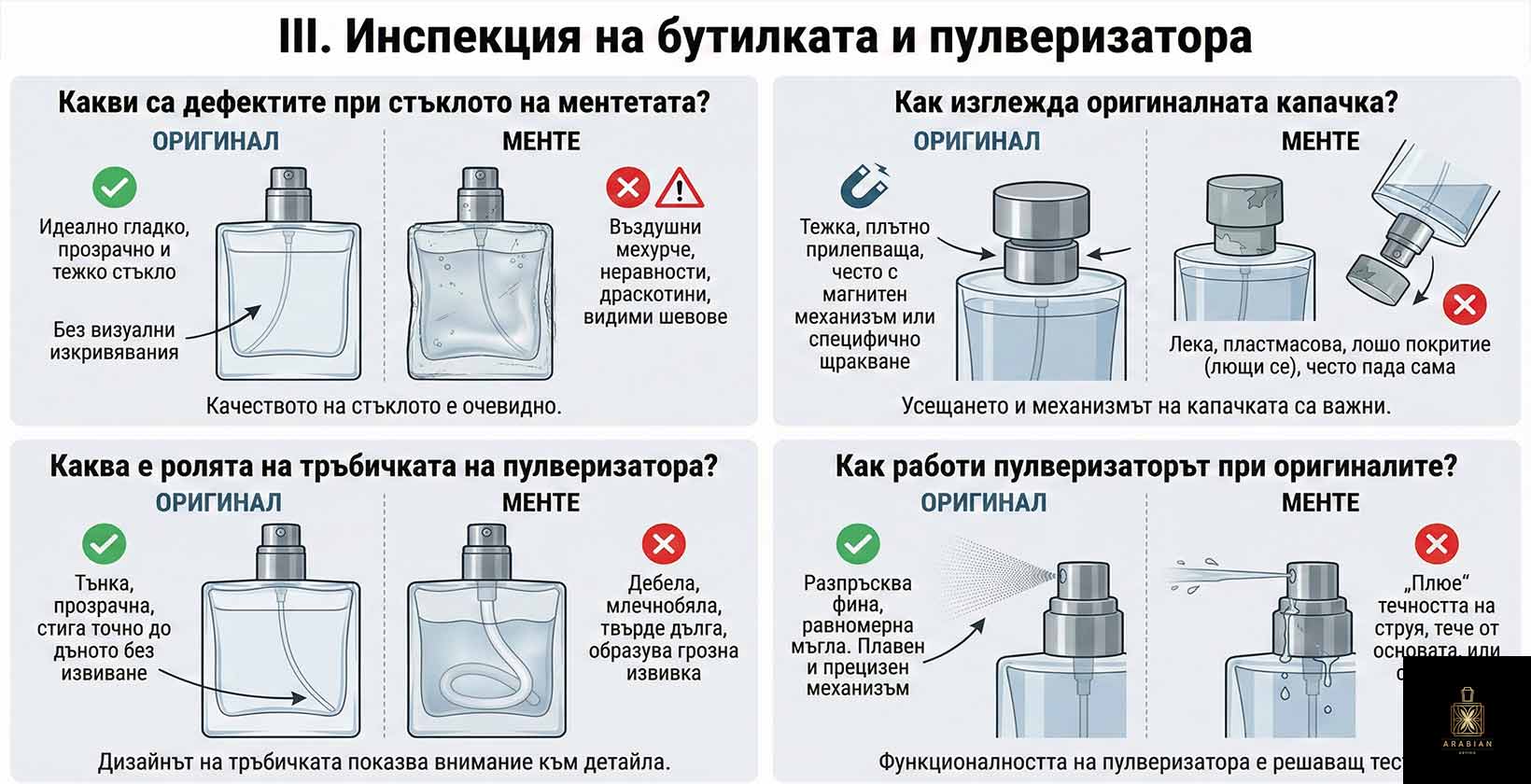 Инспекция на бутилката и пулверизатора на арабски парфюм