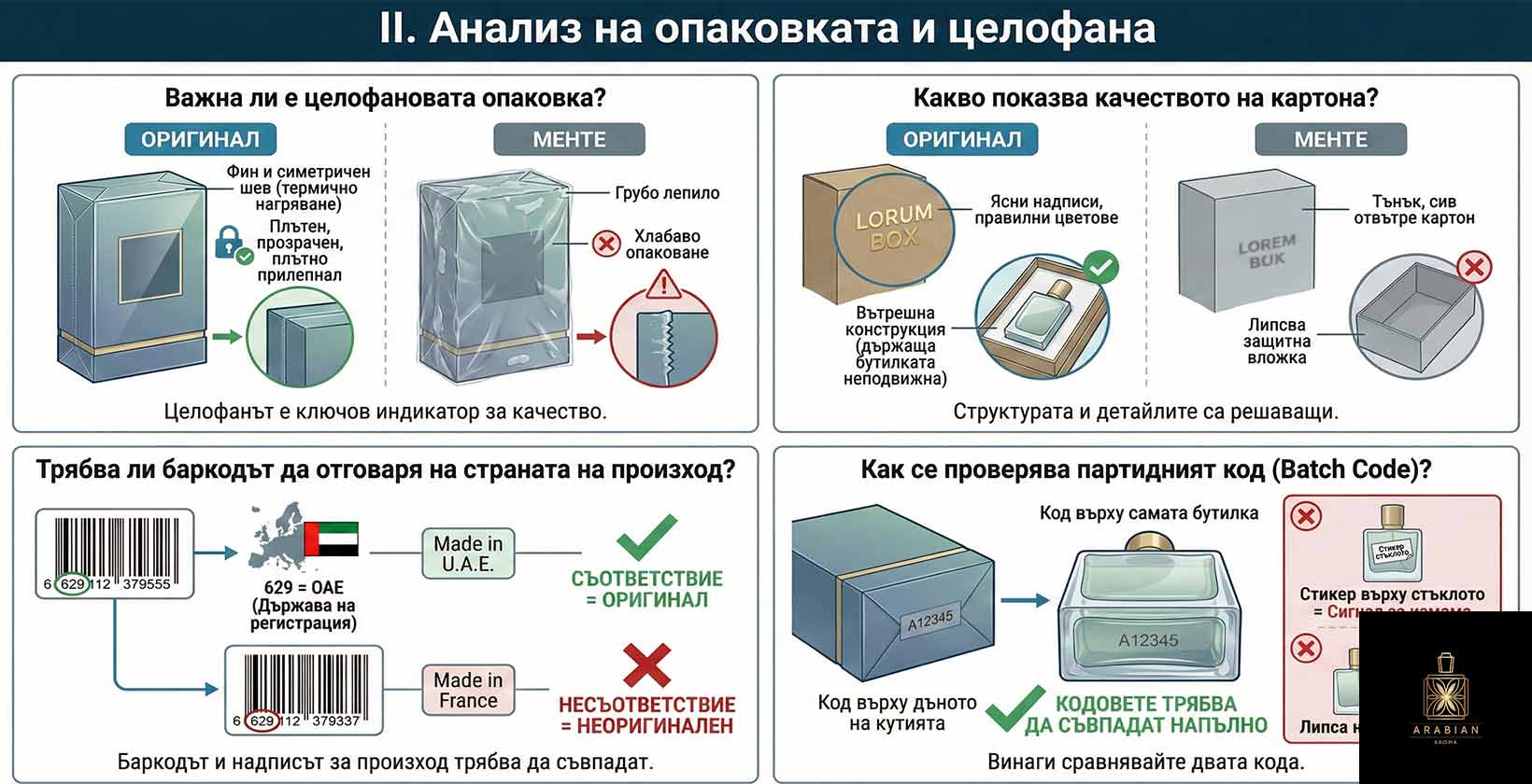 Анализ на опаковката и целофана на оригиналия арабски парфюм